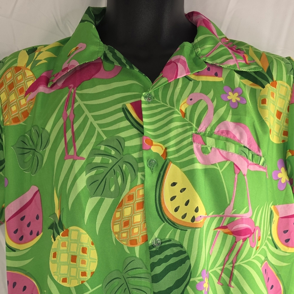 King Of Kameha Tropical Green Hawaiian Shirt with Pink Flamingos Size Med E-1708 - Picture 4 of 10